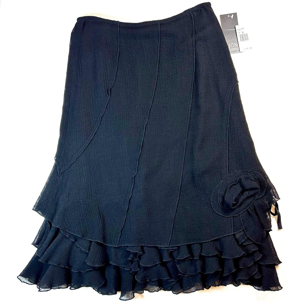 JON by Teri-Jon 100% Wool Black Lined Skirt Ruffles Rosette Women's Size 6 NWT